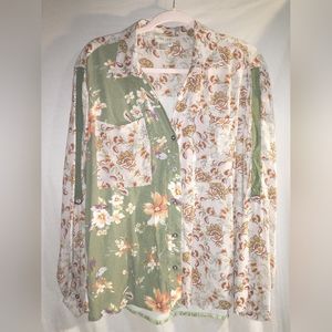 True Lux Jeans ultrasoft button-front shirt mix of woven prints knit Small